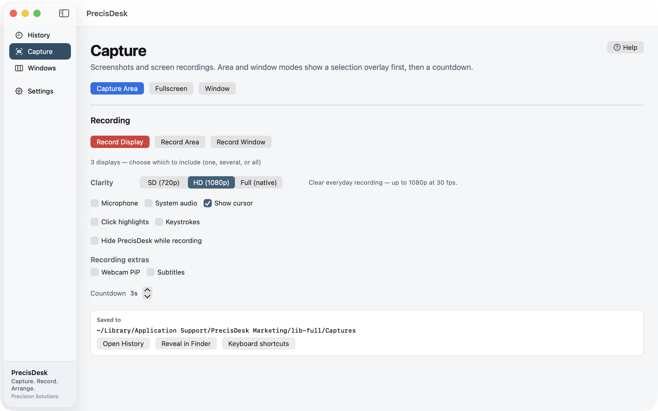 PrecisDesk Capture panel: area, fullscreen and window modes