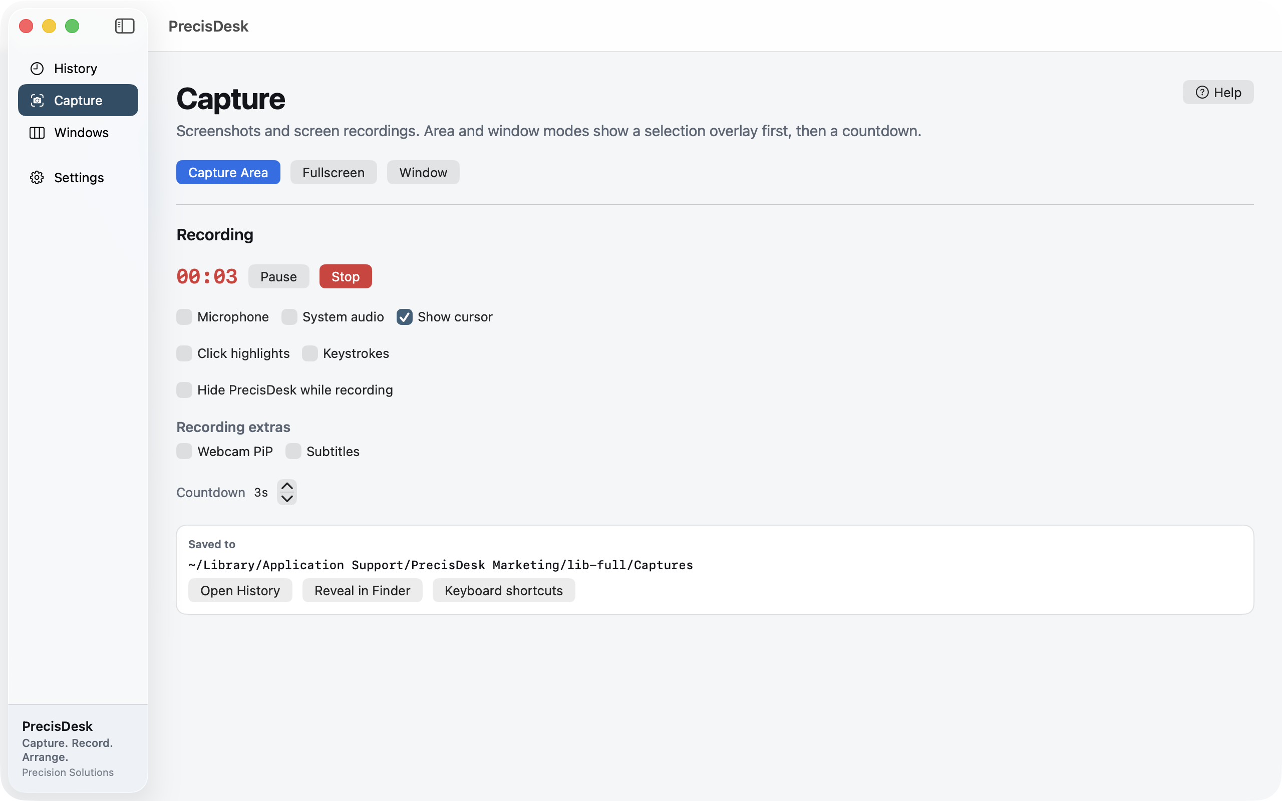 PrecisDesk recording in progress: timer, pause and stop, microphone, system audio, click highlights and keystrokes