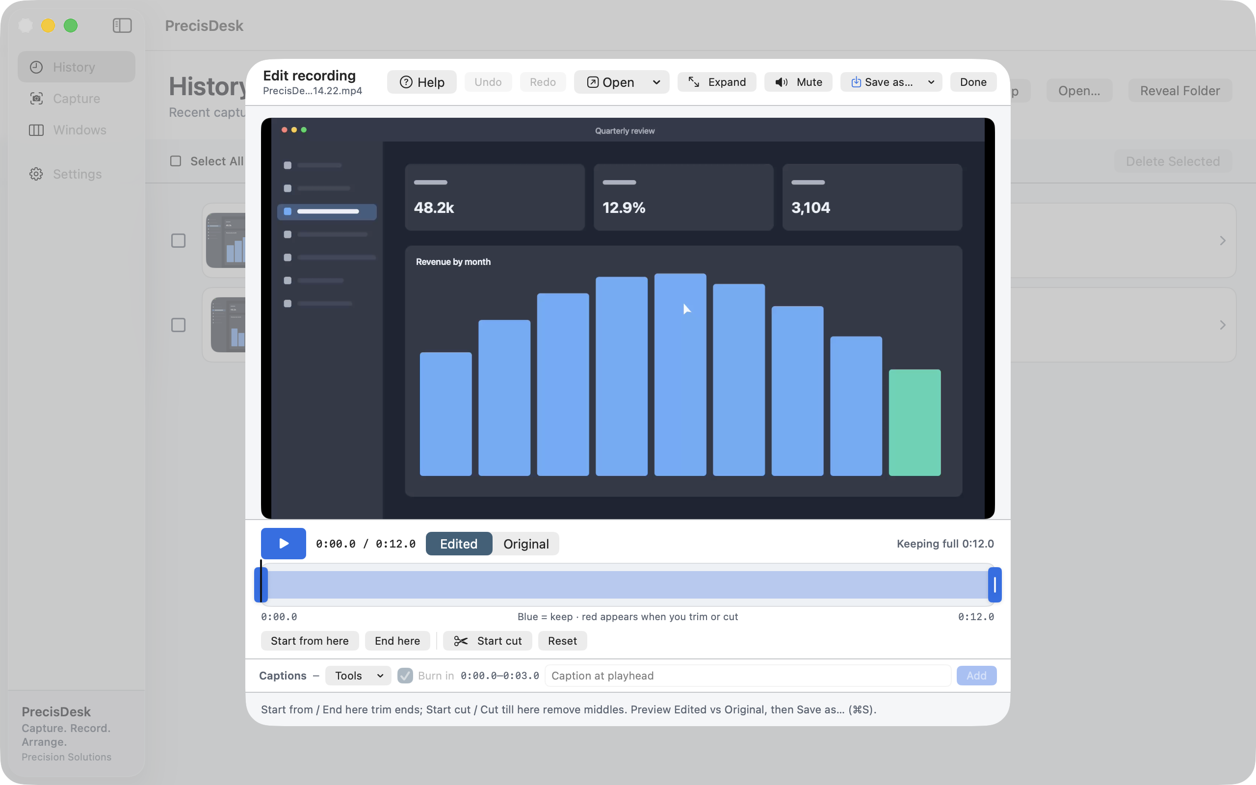 PrecisDesk clip editor: trim handles, middle cuts, and an Edited versus Original preview toggle
