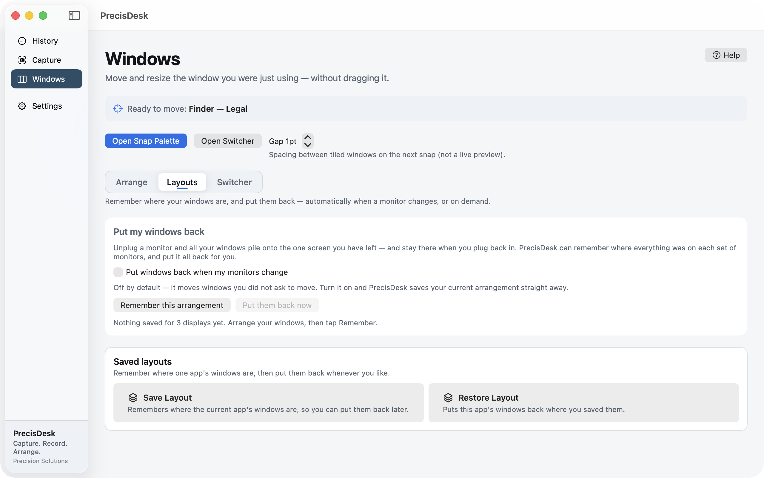 PrecisDesk Layouts page: put windows back when monitors change, and saved per-app layouts