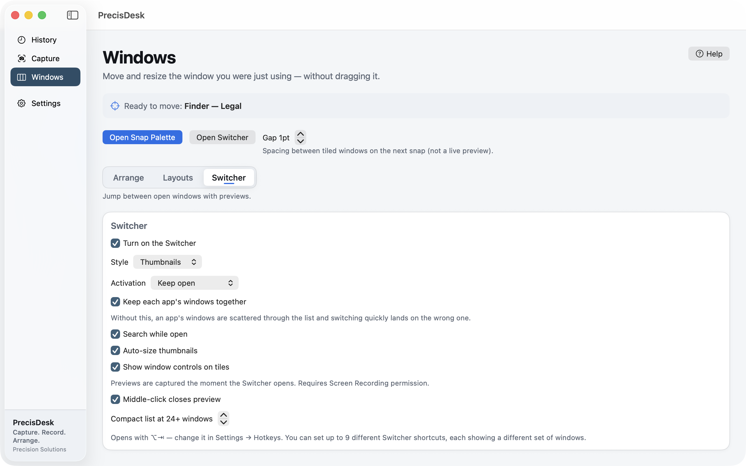 PrecisDesk Switcher settings: thumbnails, grouping windows by app, search, and up to nine shortcuts