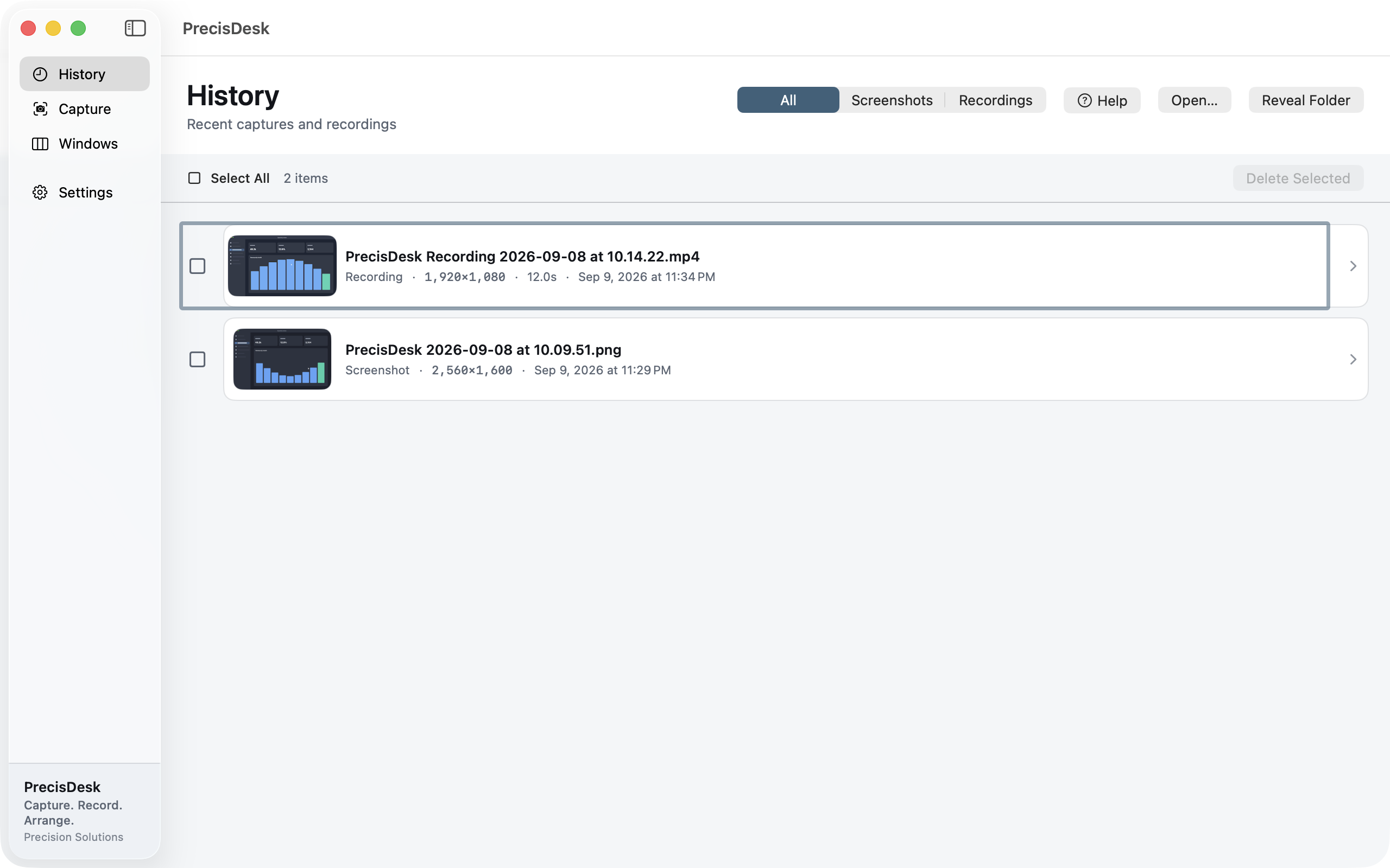 PrecisDesk History: every screenshot and recording with thumbnails, filters and bulk delete