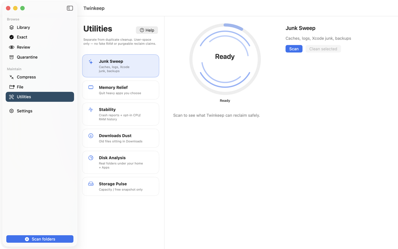 Twinkeep Junk Sweep on macOS listing cleanable caches and logs grouped by risk