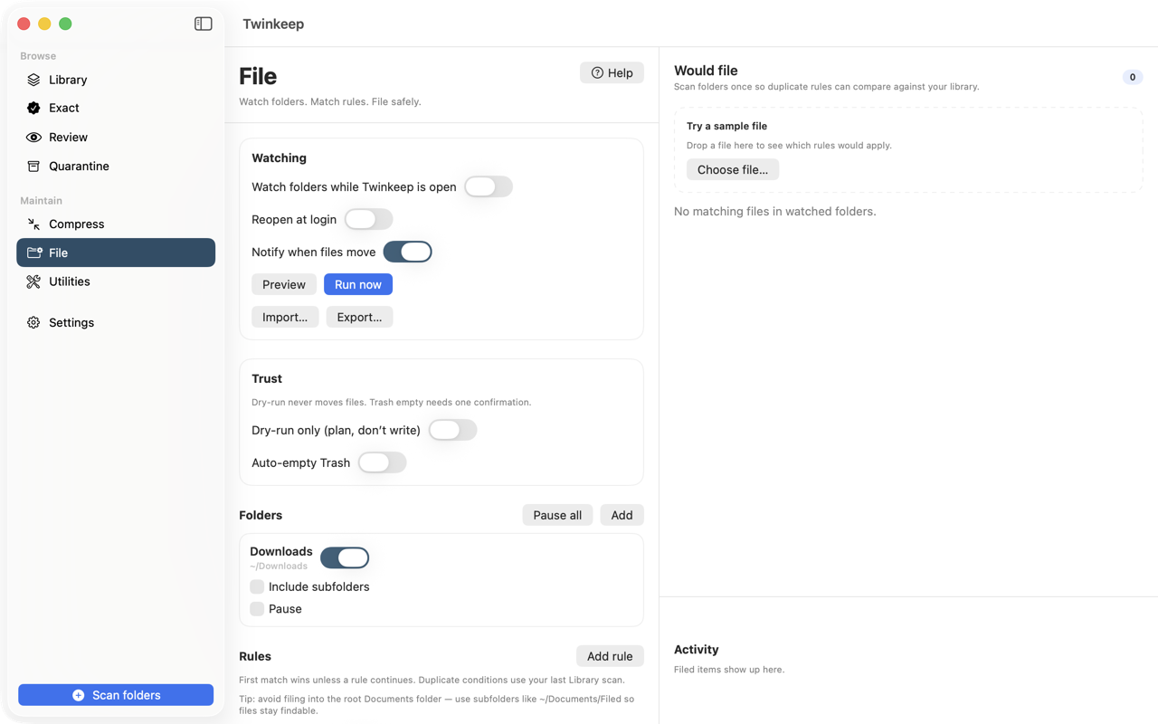 Twinkeep File Rules on macOS: watched folders, rule list, and a live preview of which files each rule would move