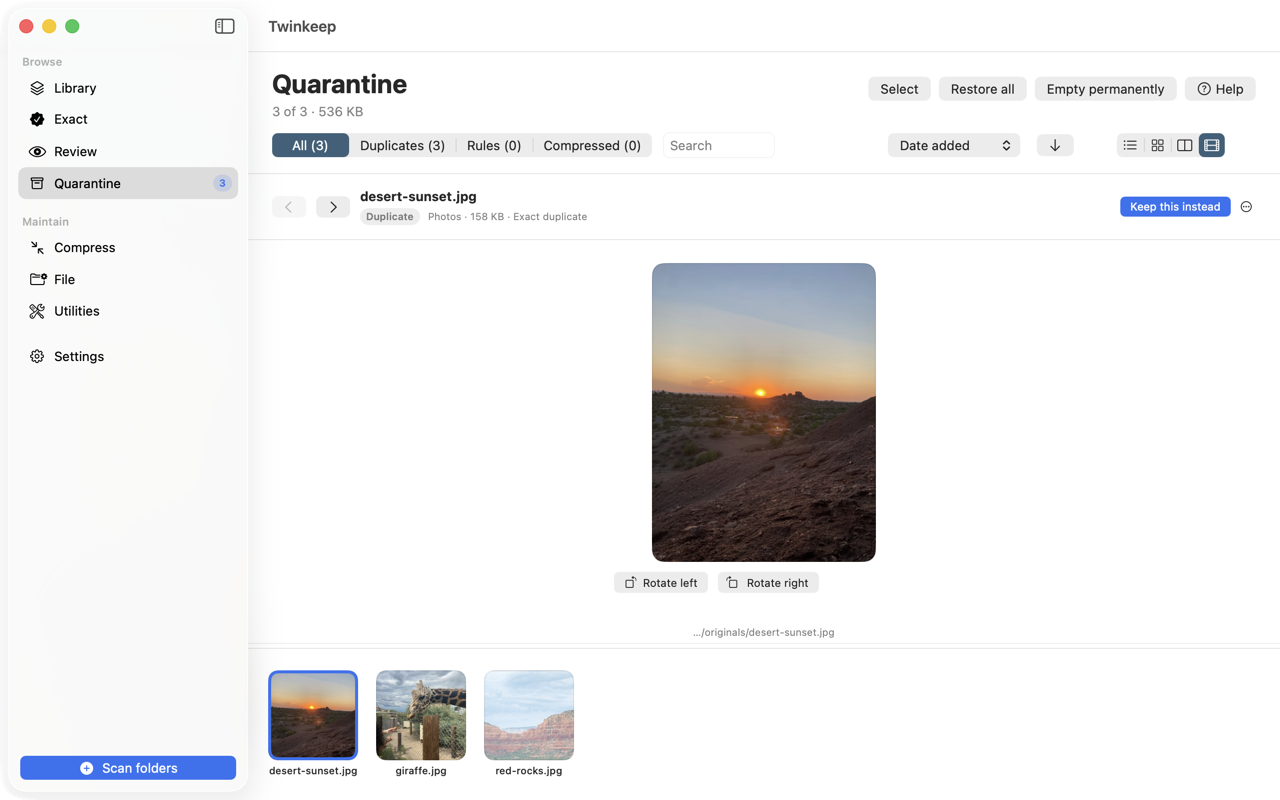 Twinkeep Quarantine on macOS in filmstrip view: a large preview above a scrolling ribbon of quarantined photos