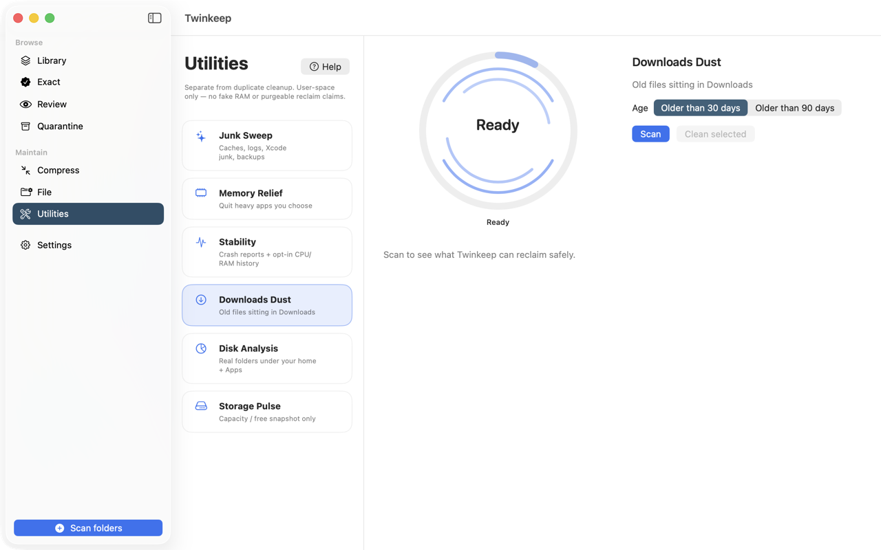 Twinkeep Downloads Dust on macOS listing old files in the Downloads folder by size and age
