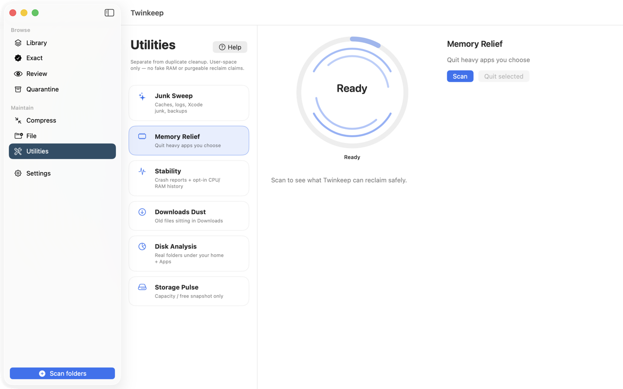Twinkeep Memory Relief on macOS listing running apps sorted by memory use