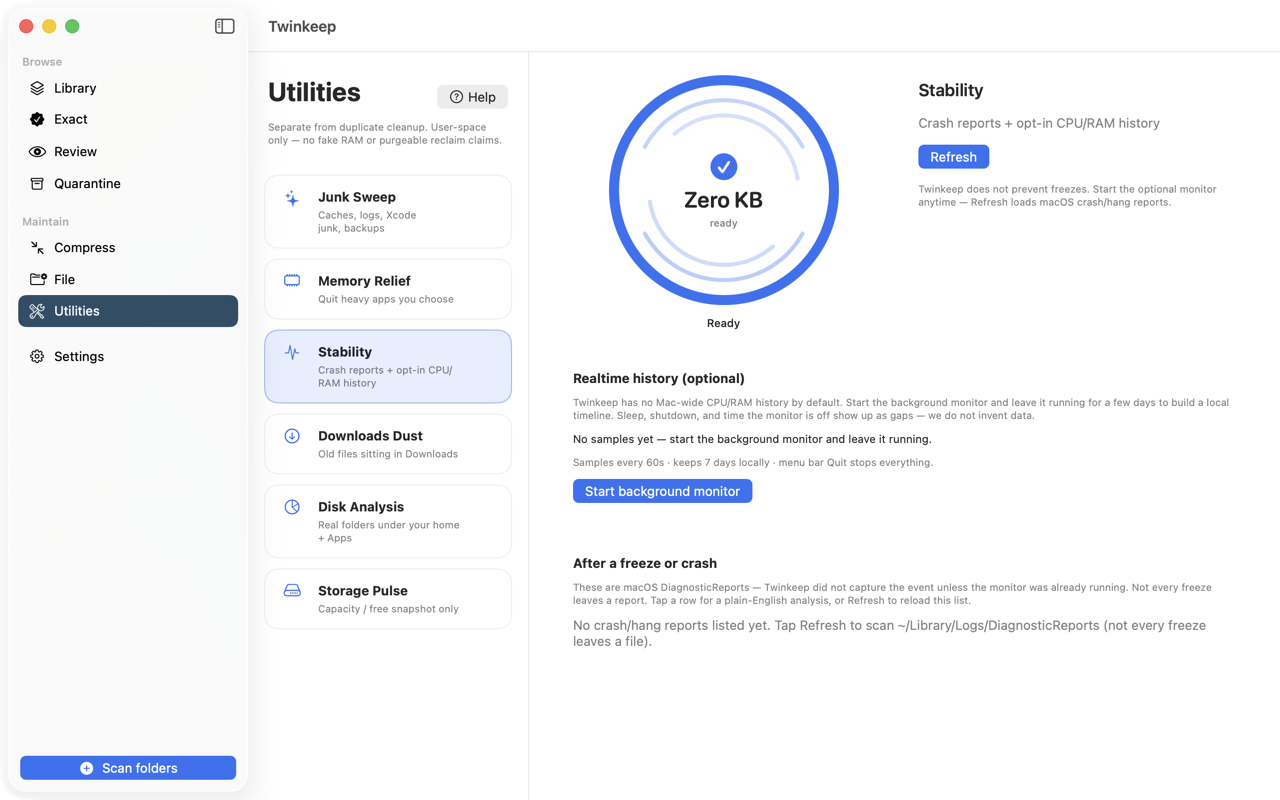 Twinkeep Stability on macOS listing recent crash and hang reports with an optional monitor