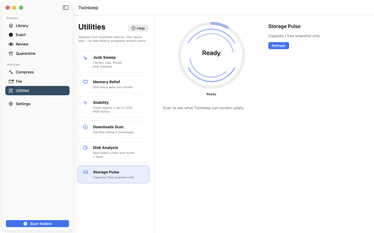 Twinkeep Storage Pulse on macOS showing total capacity, used and free space
