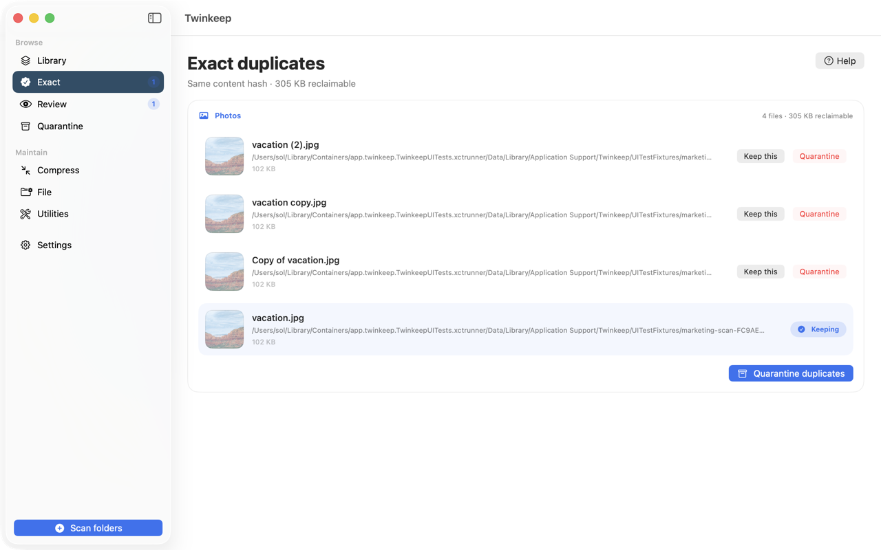 Twinkeep Exact duplicates screen on macOS showing a group of identical photos with one marked as the keeper
